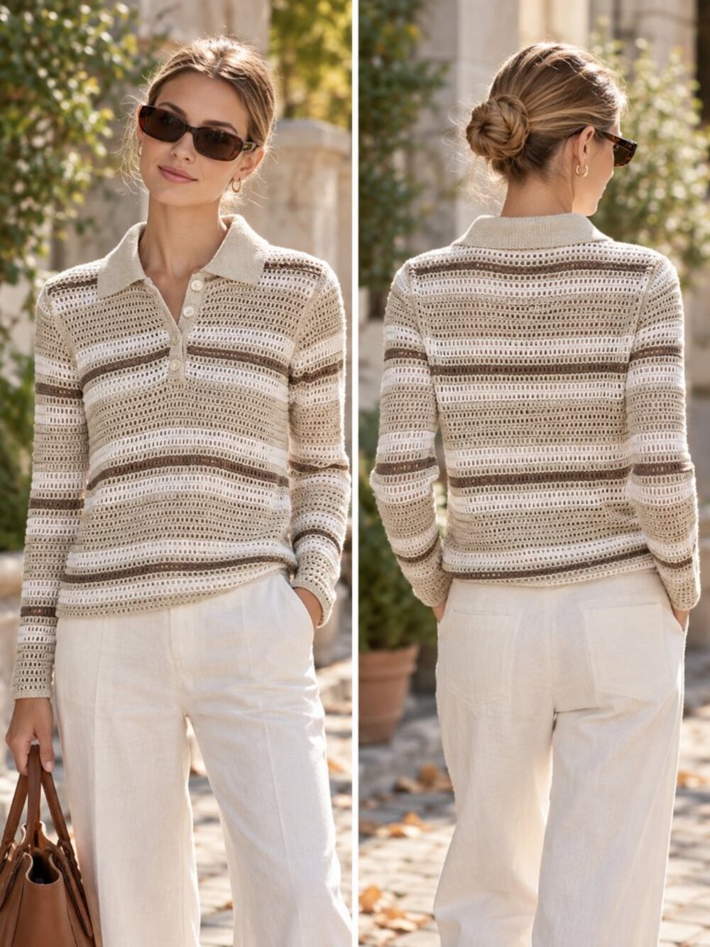 Vince White Stone Combo Open-Knit Cotton Polo Sweater XS